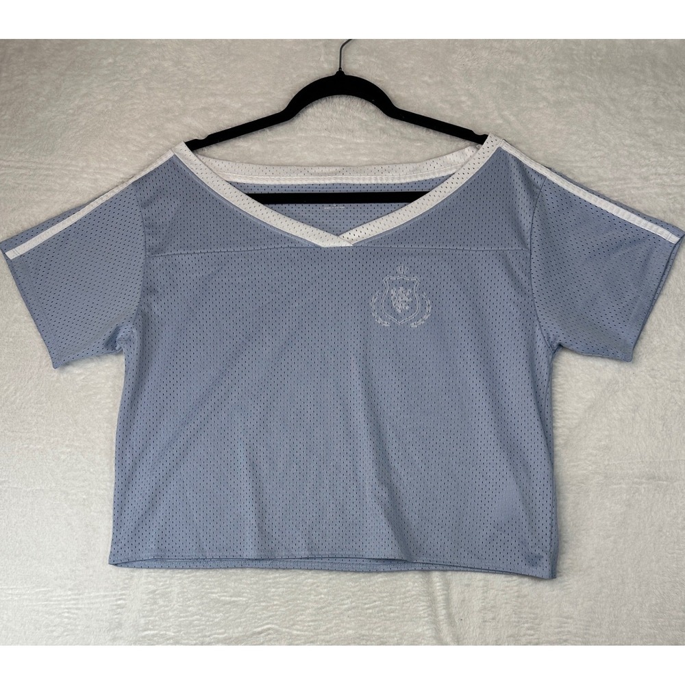 Hollister Mesh Jersey Crop Top Womens Small Blue 80 Graphic Sporty V-Neck